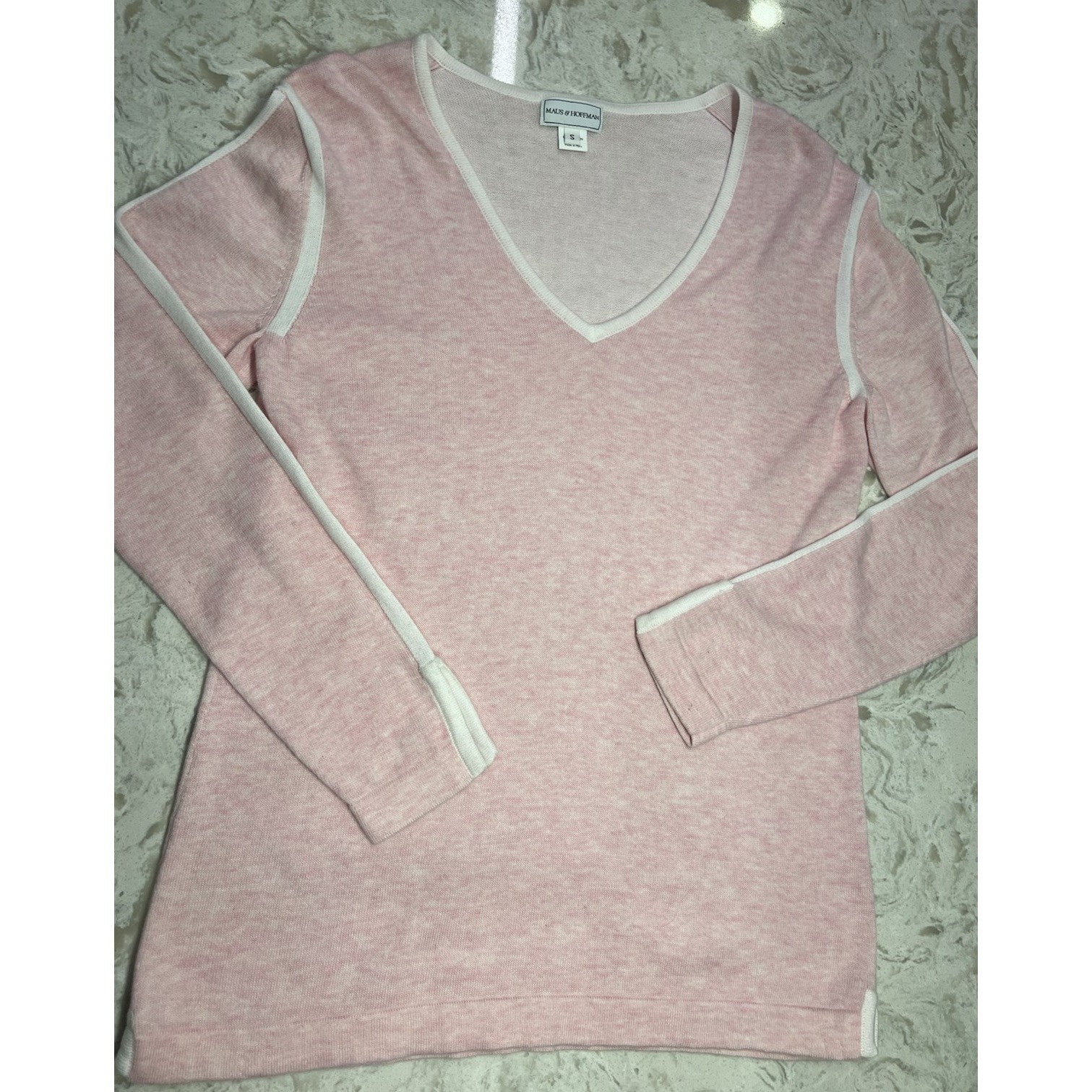 Maus & Hoffman Women Pima Cotton Pink White Trim V Neck Sweater Sz S